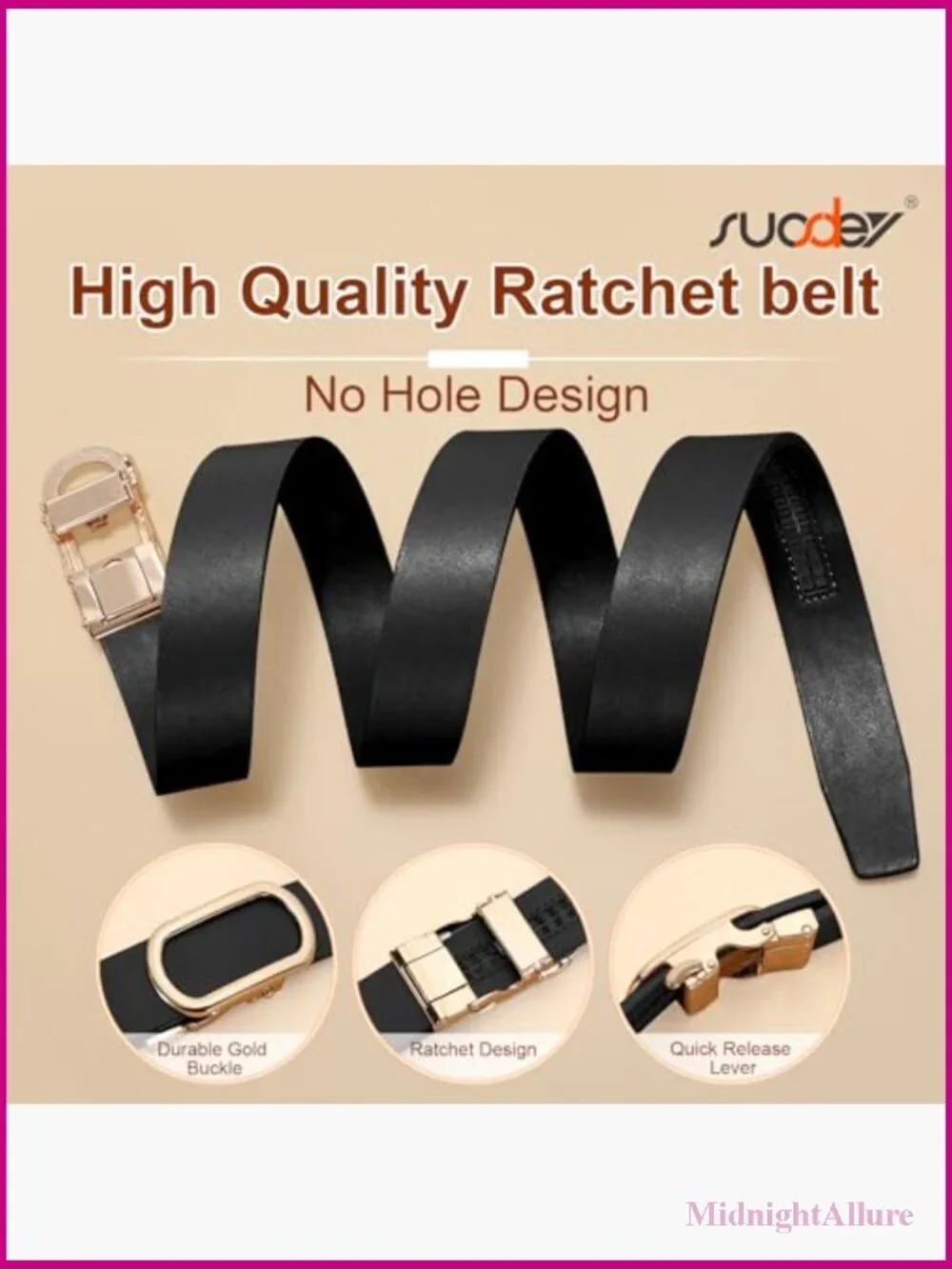 Women Leather Ratchet Belt with Gold Automatic Sliding Buckle 1.2